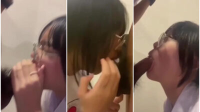 สาวเนิร์ดใส่แว่น โดนแฟนนัดมาให้อมควยในห้องน้ำ เกือบได้เย็ดคาชุด ครูมาซะก่อน
